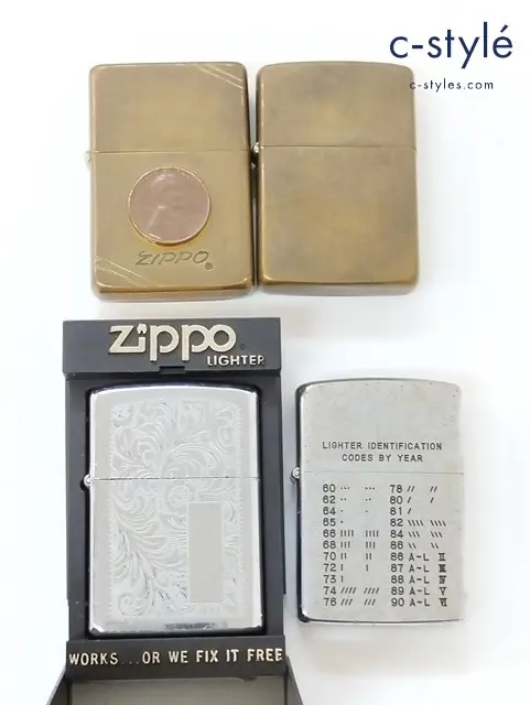 ZIPPO オイルライター アラベスク柄 1978年 コイン貼り ダイアゴナル 1986年 無地 ブラス 1987年 他 計4点