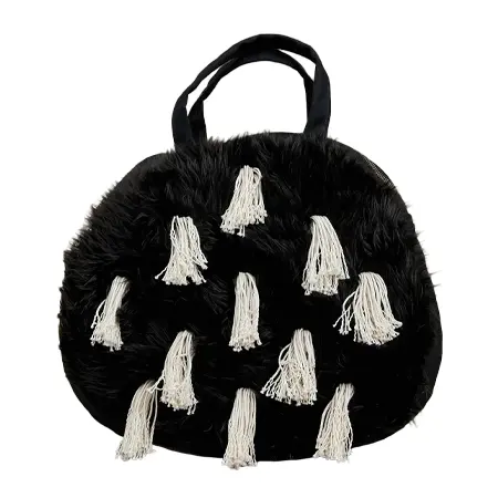 Christopher Nemeth(クリストファーネメス) バッグ Round Bag L- Cotton100% Canvas Kite String / Faux Fur- Black / White Thread