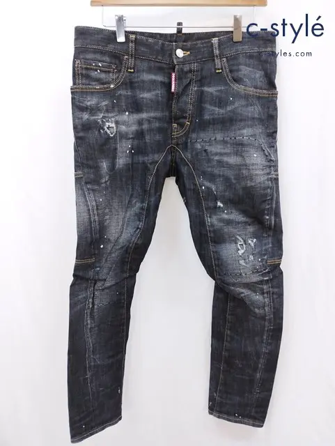 Dsquared2 ディースクエアード デニムパンツ 46 ブラック Tidy biker jean ダメージ加工 ペイント加工