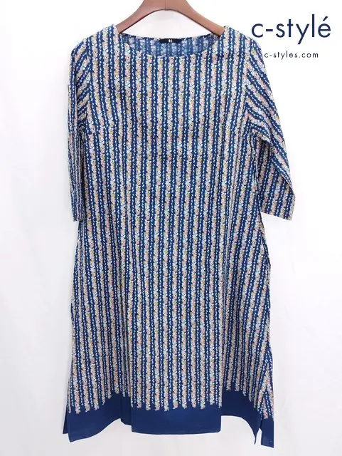 45R フォーティーファイブアール ワンピース 0 ネイビー ヒッコリー 花 ストライプ プリント 藍染 コットン