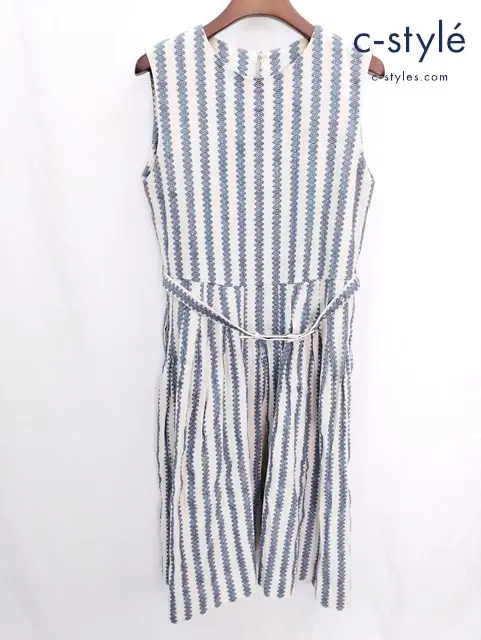 45R ノースリーブワンピース 2 クリーム系 刺繍 ストライプ コットン ベルト付き