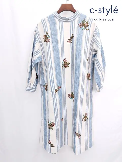 45R フォーティーファイブアール カディチノヒッコリーの刺繍ドレス ホワイト×ブルー 花 コットン ワンピース