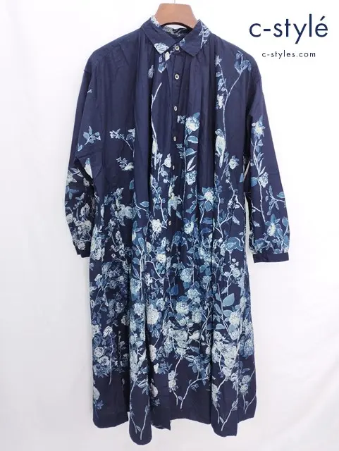 45R フォーティファイブアール お花畑プリントのドレス インディゴ コットン
