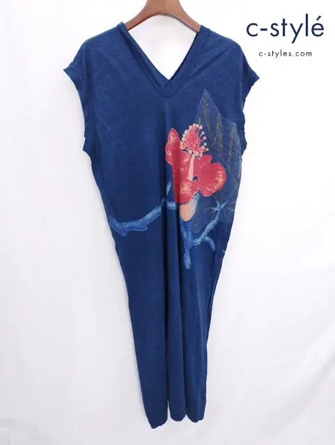 45R フォーティファイブアール ノースリーブ ワンピース 0 インディゴ リネン 麻 ハイビスカス