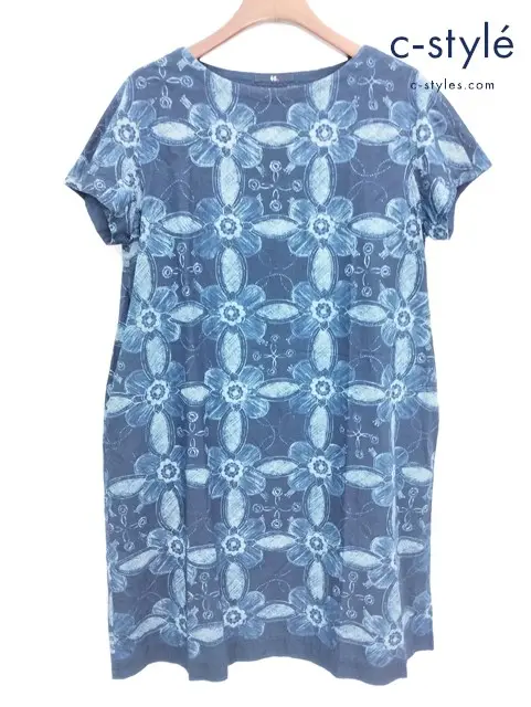 45R フォーティーファイブアール 藍染ワンピース 0 インディゴ フラワー 半袖 コットン