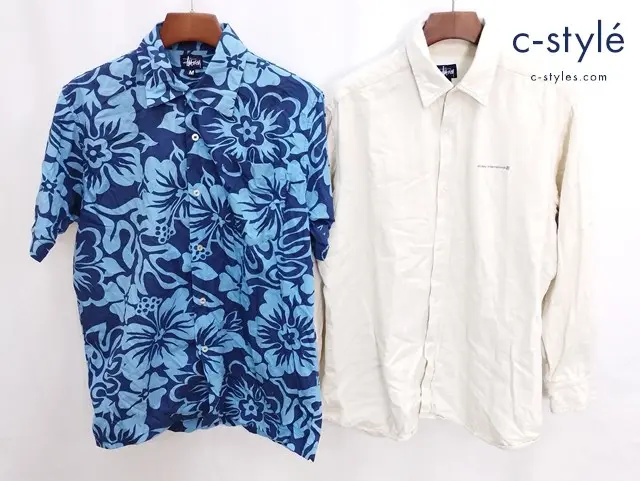 STUSSY ステューシー アロハシャツ 長袖シャツ M L ブルー クリーム アメリカ製