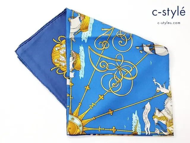 HERMES エルメス スカーフ ブルー系 カレ90 光の帆船 シルク100% レディース