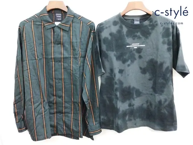 APPLEBUM アップルバム オープンカラーストライプシャツ タイダイ ビッグ Tシャツ M 黒系 ダークグリーン系