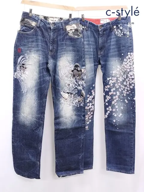 絡繰魂 カラクリダマシイ デニムパンツ 30 インディゴ 和柄 鯉 枝垂桜 刺繍