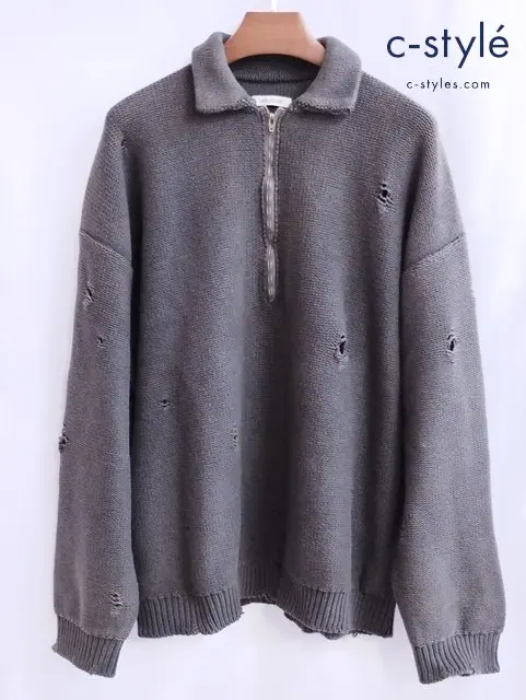 VAINL ARCHIVE ヴァイナルアーカイブ ハーフジップニット S グレー系 ダメージ加工 ウール100％