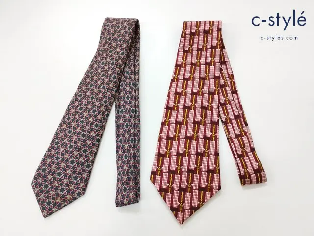 HERMES エルメス ネクタイ レッド系 マルチカラー ベルト柄 シルク100％