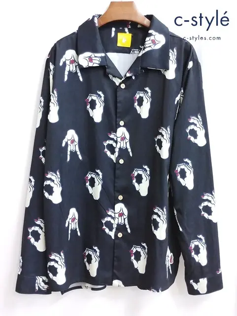 FR2 ×野生爆弾くっきー オープンカラーシャツ L ブラック系 FRS015 長袖 ポリエステル100%