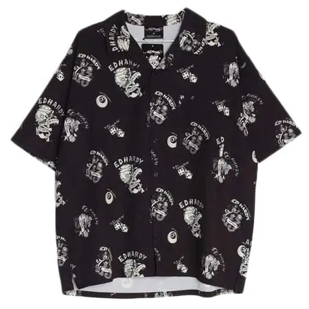 Ed Hardy(エドハーディー) オーバーサイズ 総柄 半袖開襟シャツ ポケット付