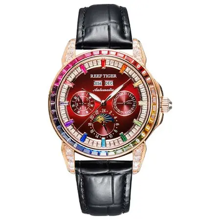 REEF TIGER(リーフタイガー) Rose Gold/Burgundy Red Dial Moonphase of Men 42mm Automatic Mechanical Watch – Rainbow Zirconia Bezel – Reef Tiger RGA1988