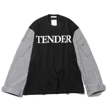TENDER PERSON(テンダーパーソン) GINCHAM LONG TEE ロンT 切替 ギンガムチェック エルボーパッチ フロントロゴ