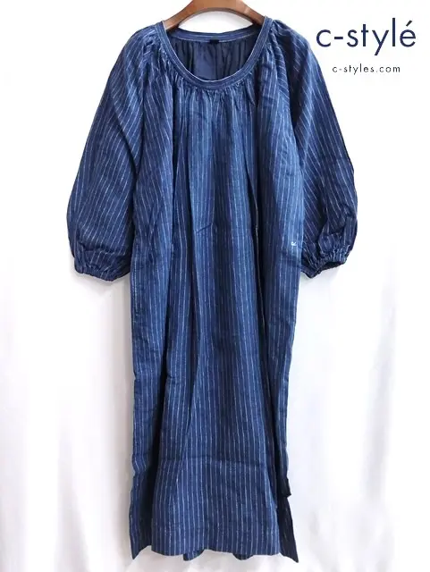 45R フォーティファイブアール ワンピース 0 インディゴ 長袖 藍染 ピンストライプ 麻100 日本製
