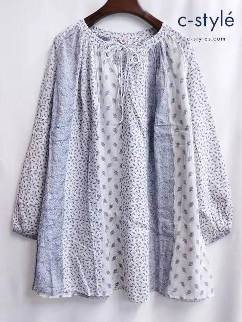 45R ガーゼチュニック 2 ホワイト×パープル系 長袖 リーフ ペーズリー切返し 総柄 綿100 日本製