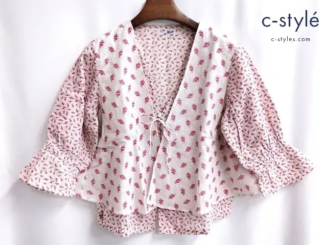 45R シャツ 2 レッド系 五分丈 フラワー リーフ総柄 綿100 日本製