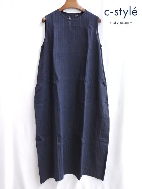 45R ノースリーブ ストライプ刺繍 藍染ワンピース 0 ネイビー 麻100 日本製