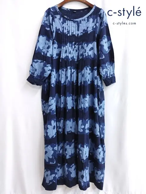 45R フォーティファイブアール ワンピース 0 ネイビー系 ヒッコリー地 花柄 長袖 綿 100 日本製