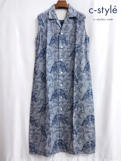 45R ノースリーブ ジャガード ワンピース 0 インディゴ 鳥総柄 綿 100 日本製