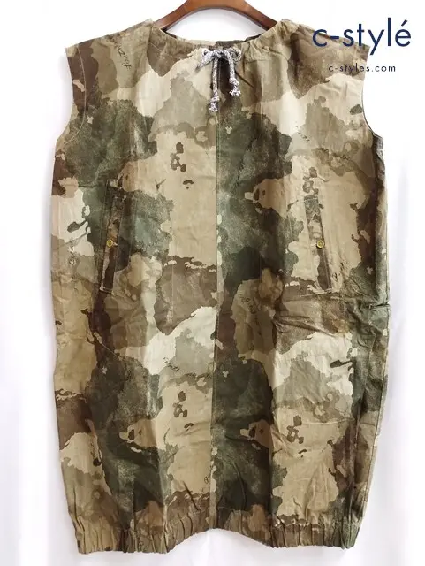 45R 七つの海 オンザビーチドレス ワンピース ノースリーブ ブラウン x カーキ 迷彩 綿 100 日本製