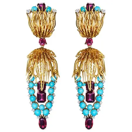 Fred Leighton(フレッド・レイトン) ターコイズ / ガーネット / ダイヤモンド ピアス 18Kイエローゴールド