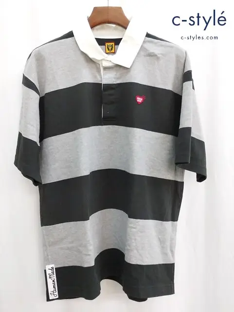 HUMAN MADE ヒューマンメイド ポロシャツ XL グレー×グリーン系 ボーダー 半袖 綿100％