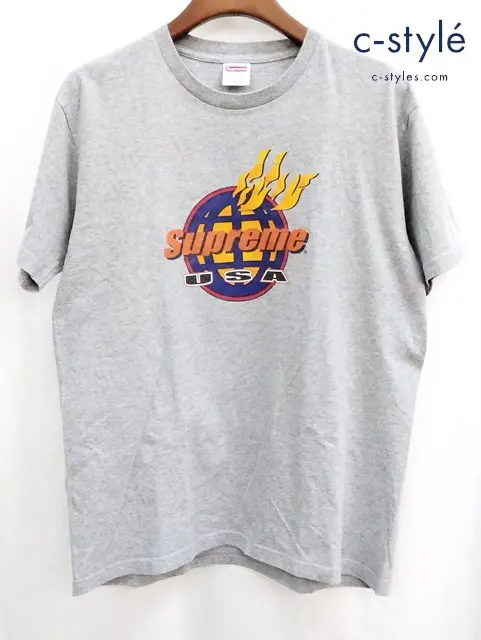 Supreme シュプリーム Tシャツ M グレー プリント Fire Tee 半袖 USA製