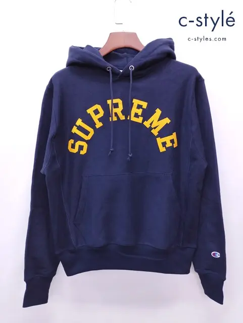Champion×Supreme チャンピオン×シュプリーム パーカー S ネイビー フーデッドスウェット