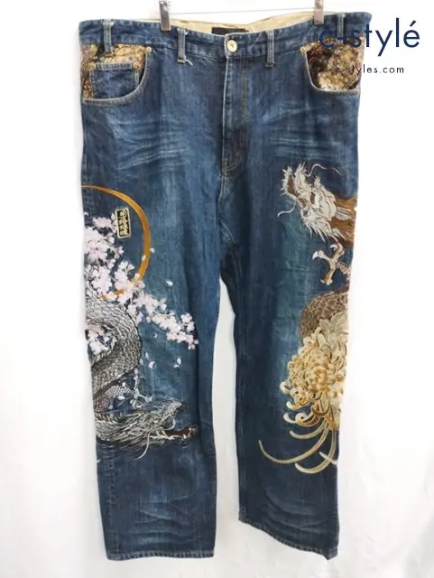絡繰魂 カラクリタマシイ デニムパンツ 110 インディゴ 和柄 刺繍 龍 綿100%