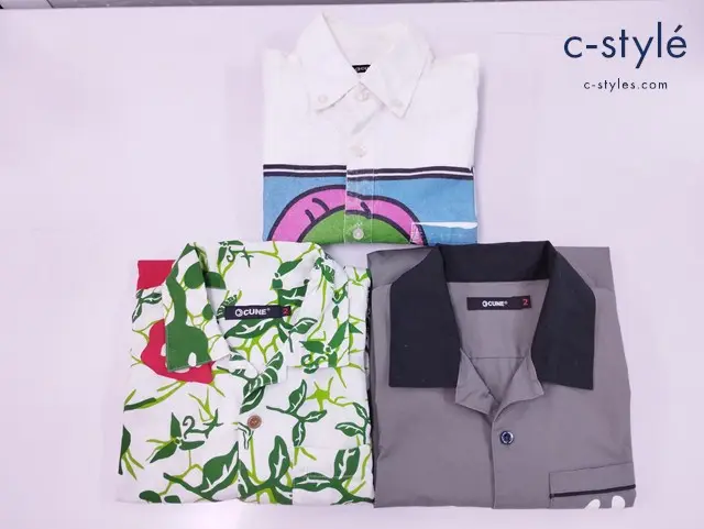 CUNE キューン シャツ 2 半袖 長袖 総柄 グレー ホワイト マルチカラー 計3点