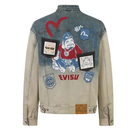 EVISU(エヴィス) えびすプリントとマルチポケット ルーズフィット バイカー デニム ジャケット