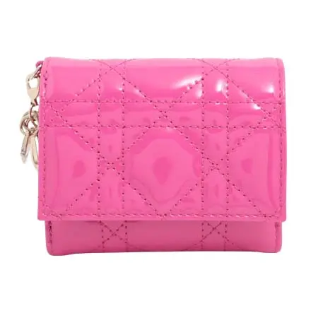 DIOR WALLET(ディオール) 財布 レディディオール カナージュ レザー×パテント コンパクトウォレット ピンク