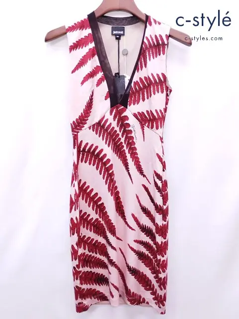 Just cavalli ジャストカヴァリ ワンピース 38 ピンク×レッド リーフ柄 イタリア製 レディース