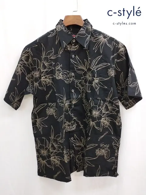 Harley-Davidson ハーレーダビッドソン アロハシャツ S ブラック ハイビスカス バイク