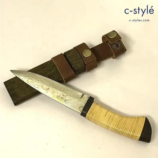 佐治作 シースナイフ 青紙有色ダマスカスブレード シース付き 全長:約25cm 刃渡:約12.5cm