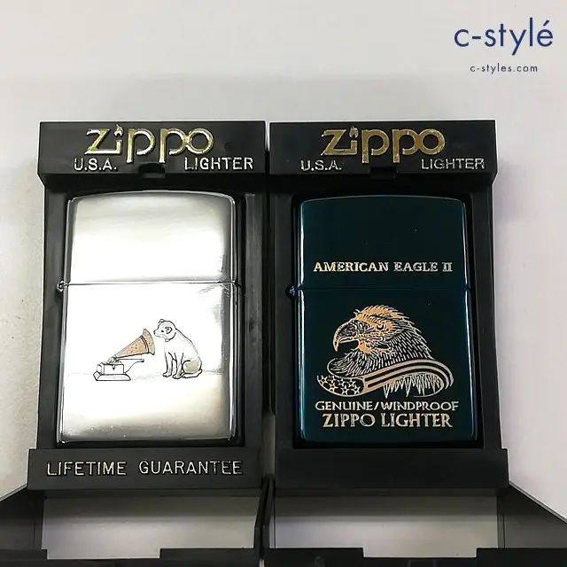 ZIPPO ジッポー オイルライター 蓄音機 犬 シルバー 1995 AMERICAN EAGLE II ブルー 1994 計2点 喫煙具