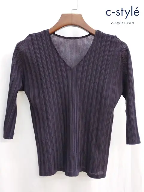 PLEATS PLEASE ISSEY MIYAKE イッセイミヤケ Vネックカットソー 3 パープル PP43-FK334 レディース