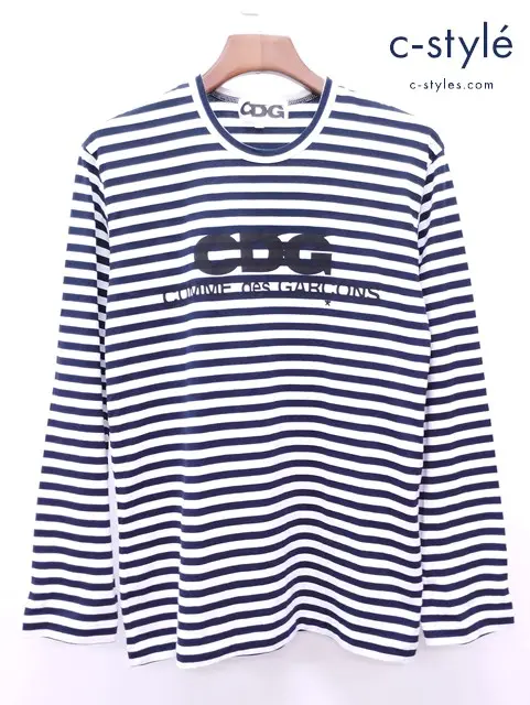 COMME des GARCONS コムデギャルソン Tシャツ L ホワイト×ネイビー LOGO STRIPE LS TEE SZ-T004