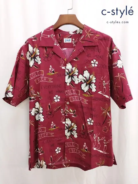 Schott ショット アロハシャツ L レッド系 ランダムスカル 3115049