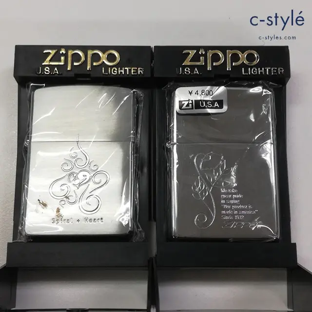 ZIPPO ジッポー オイルライター Spiral Heart シルバー 2002 模様 シルバー 2002 計2点