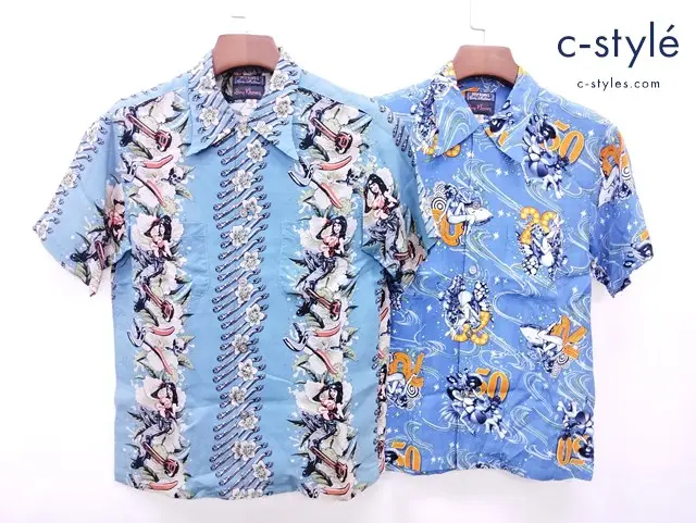 Dry Bones ドライボーンズ シャツ S ブルー系 総柄 半袖 レーヨン100% 日本製