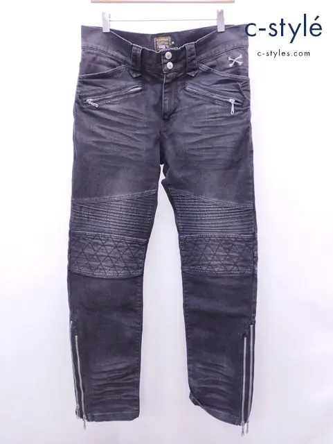 VANSON バンソン バイカーズデニムパンツ 34 ブラック クロスボーン刺繍