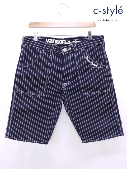 VANSON バンソン ハーフパンツ 34 ブラック系 ストライプ 綿100％