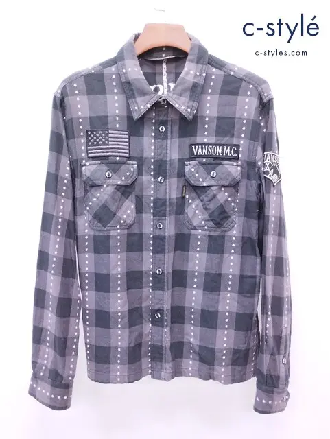 VANSON バンソン 長袖シャツ L グレー×ブラック チェック柄