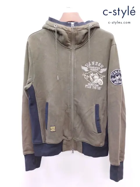 VANSON×FELIX バンソン×フィリックス ジップパーカー L カーキ THE CAT