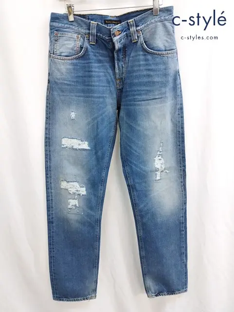 nudie jeans ヌーディージーンズ デニムパンツ 33 インディゴ 綿100% ダメージ加工 ボタンフライ