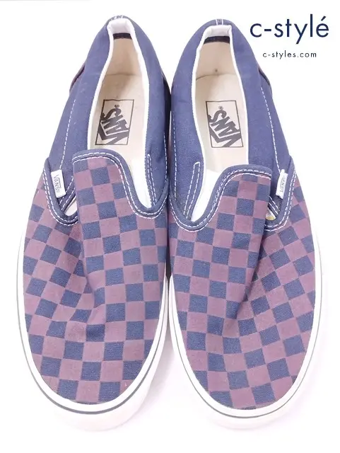 VANS ヴァンズ スリッポン US9.5 ネイビー×ブラウン系 チェック柄