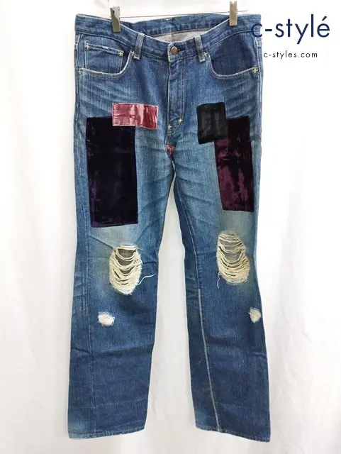 NUMBER (N)INE ナンバーナイン デニムパンツ 4 インディゴ ベロアパッチワーク ダメージ加工 綿100％